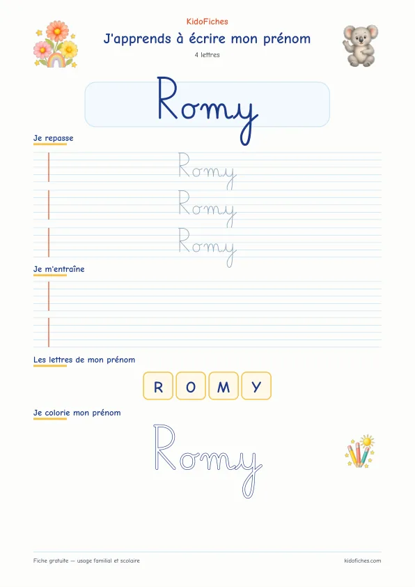 Aperçu de la fiche prénom Romy en écriture cursive