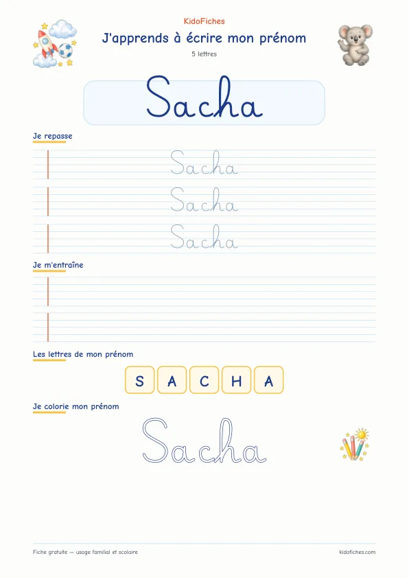 Aperçu de la fiche prénom Sacha en écriture cursive