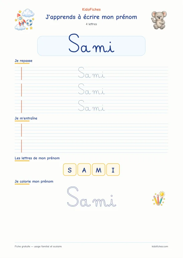 Aperçu de la fiche prénom Sami en écriture cursive
