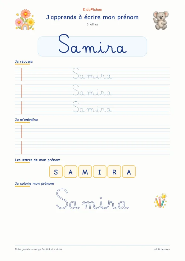 Aperçu de la fiche prénom Samira en écriture cursive