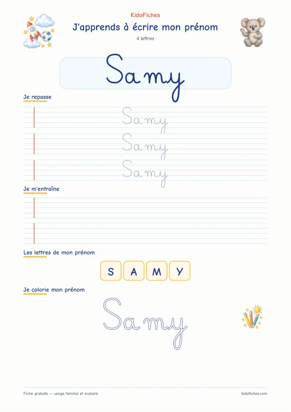 Aperçu de la fiche prénom Samy en écriture cursive