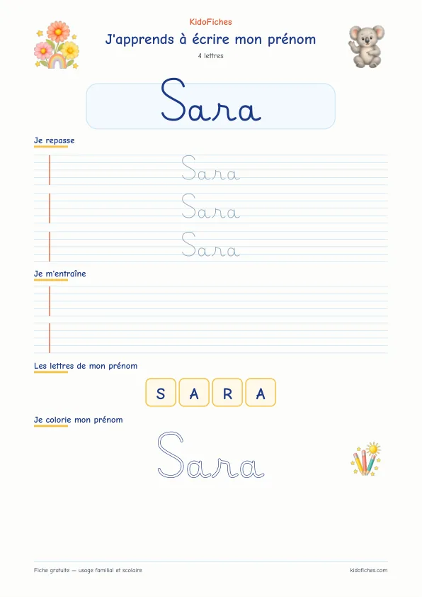 Aperçu de la fiche prénom Sara en écriture cursive