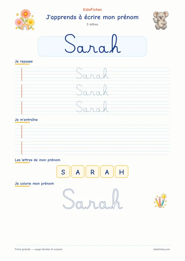 Aperçu de la fiche prénom Sarah en écriture cursive