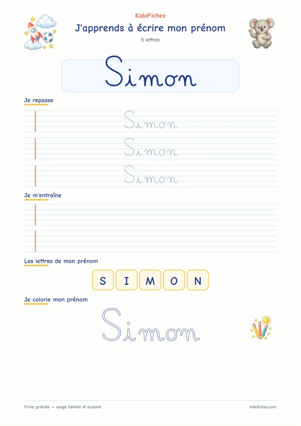 Aperçu de la fiche prénom Simon en écriture cursive