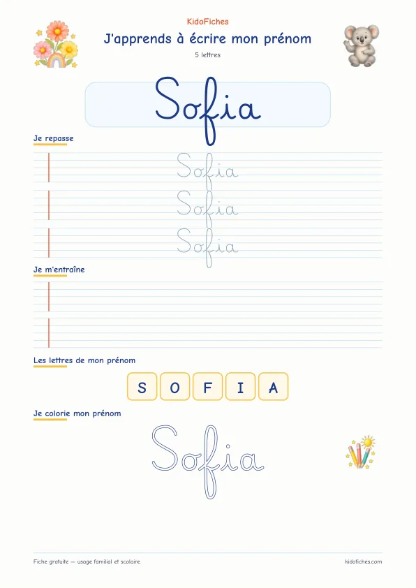 Aperçu de la fiche prénom Sofia en écriture cursive