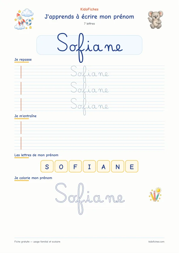 Aperçu de la fiche prénom Sofiane en écriture cursive