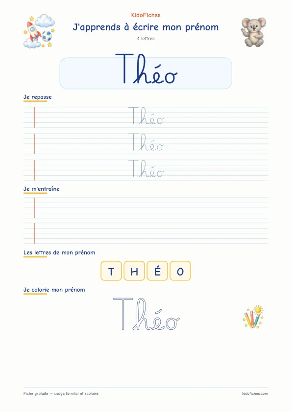 Aperçu de la fiche prénom Théo en écriture cursive