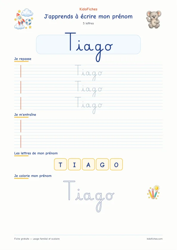 Aperçu de la fiche prénom Tiago en écriture cursive