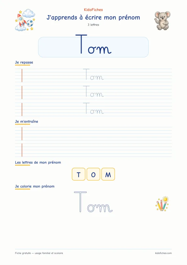 Aperçu de la fiche prénom Tom en écriture cursive