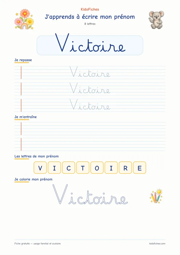Aperçu de la fiche prénom Victoire en écriture cursive