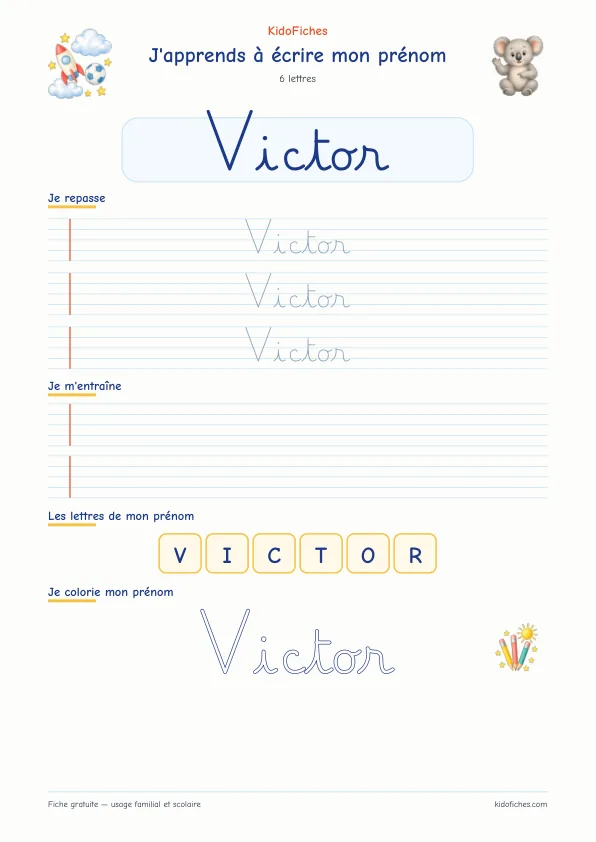 Aperçu de la fiche prénom Victor en écriture cursive