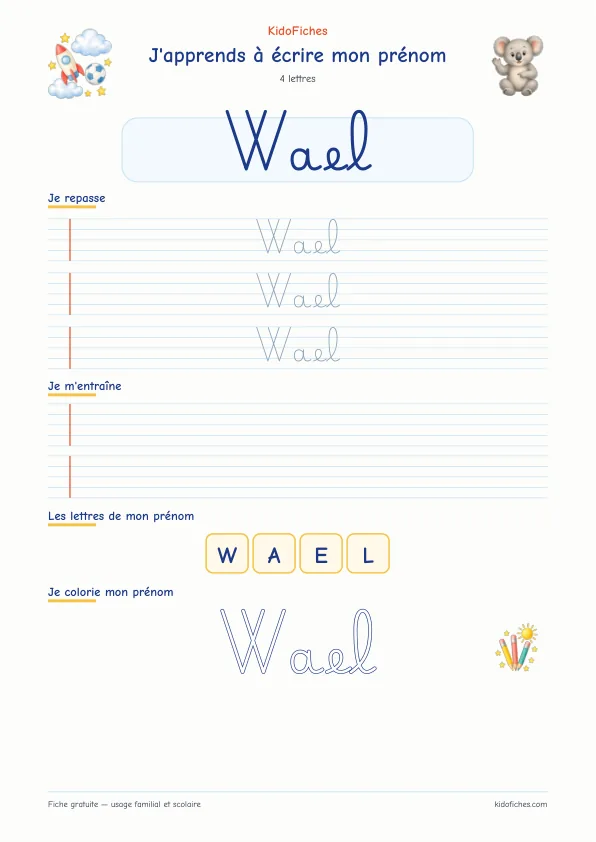 Aperçu de la fiche prénom Wael en écriture cursive