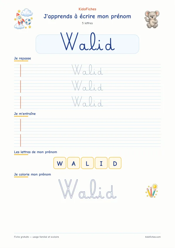 Aperçu de la fiche prénom Walid en écriture cursive