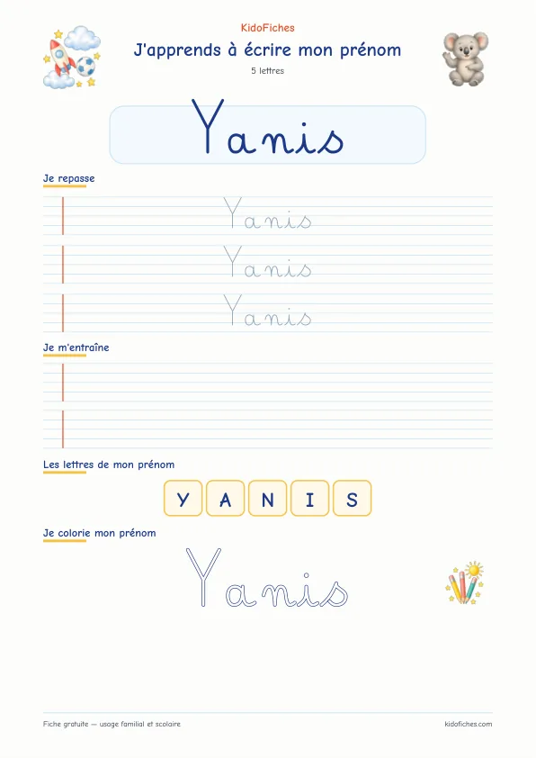 Aperçu de la fiche prénom Yanis en écriture cursive