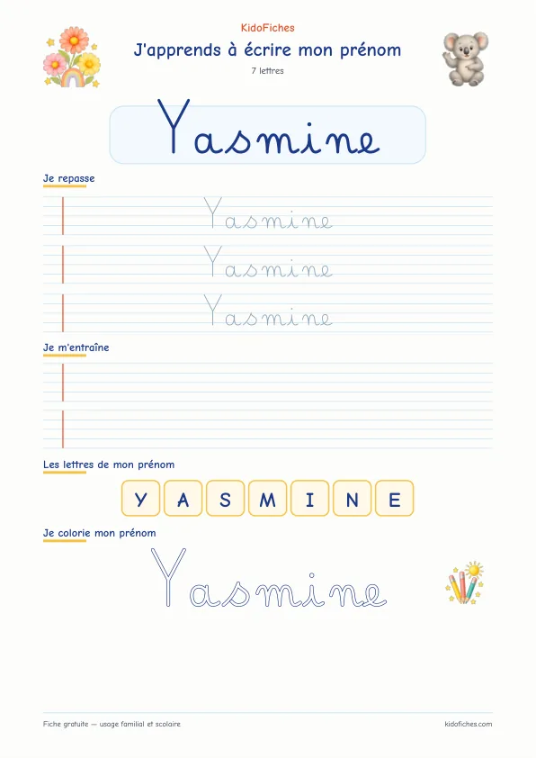 Aperçu de la fiche prénom Yasmine en écriture cursive