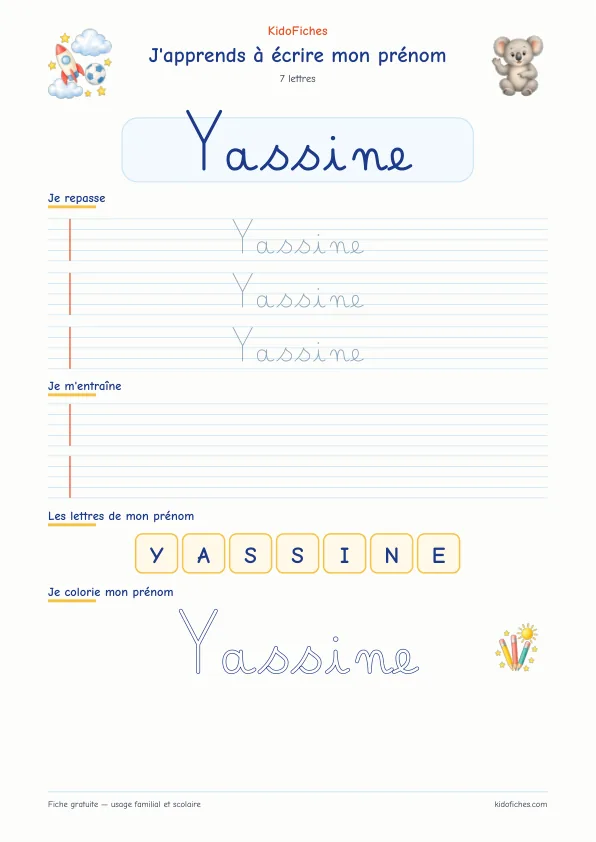 Aperçu de la fiche prénom Yassine en écriture cursive