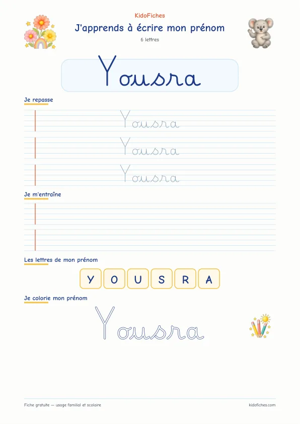Aperçu de la fiche prénom Yousra en écriture cursive