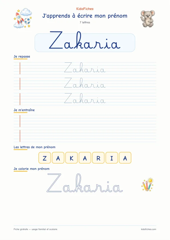 Aperçu de la fiche prénom Zakaria en écriture cursive