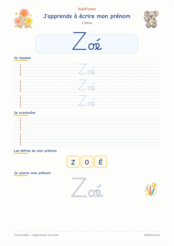 Aperçu de la fiche prénom Zoé en écriture cursive