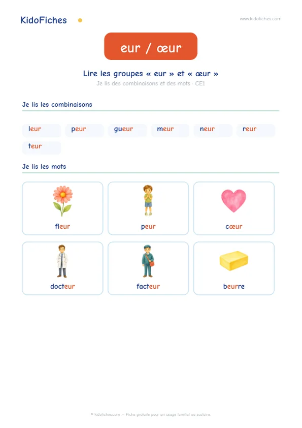 Aperçu de la fiche Lire les groupes « eur » et « œur » : /œʁ/
