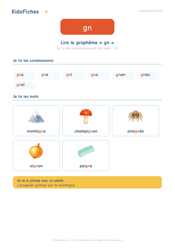 Aperçu de la fiche Le graphème « gn » et le son /ɲ/