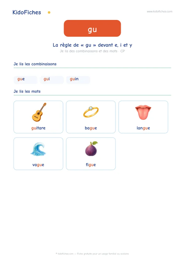 Aperçu de la fiche La règle de « gu » devant e, i et y