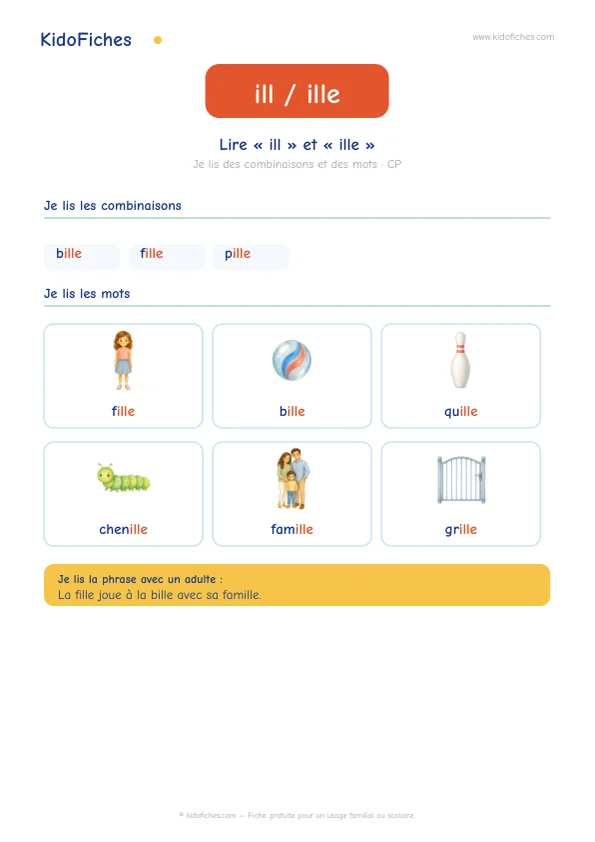 Aperçu de la fiche Lire « ill » et « ille » quand ils notent /j/