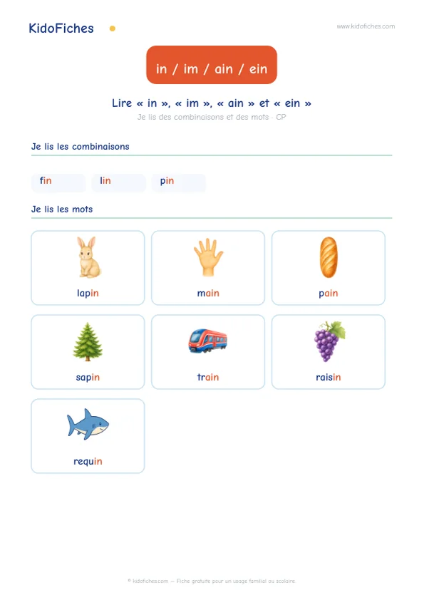 Aperçu de la fiche Le son /ɛ̃/ avec « in », « im », « ain », « ein »