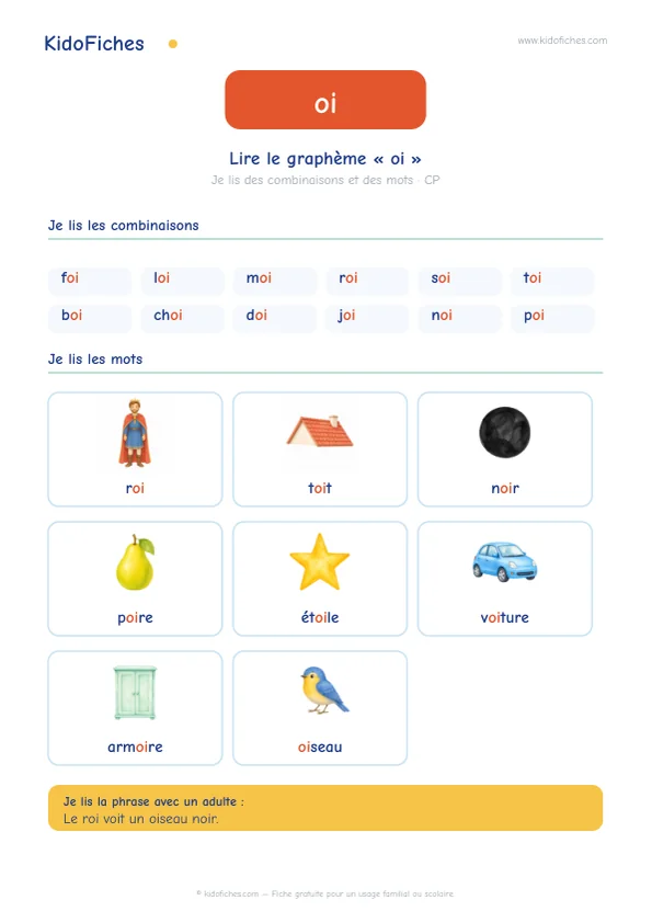 Aperçu de la fiche Lire le graphème « oi » : /wa/