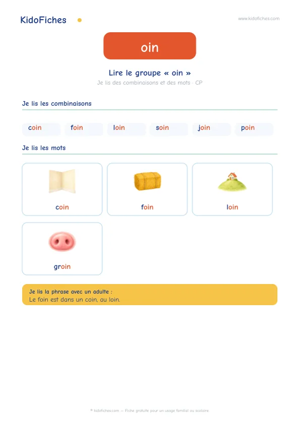 Aperçu de la fiche Lire le groupe « oin » : /wɛ̃/