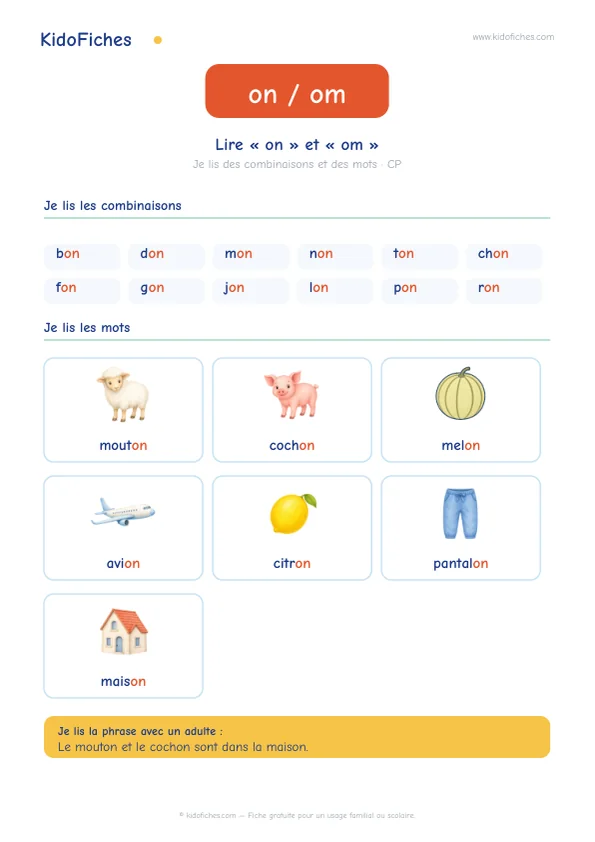 Aperçu de la fiche Le son /ɔ̃/ avec « on » et « om »
