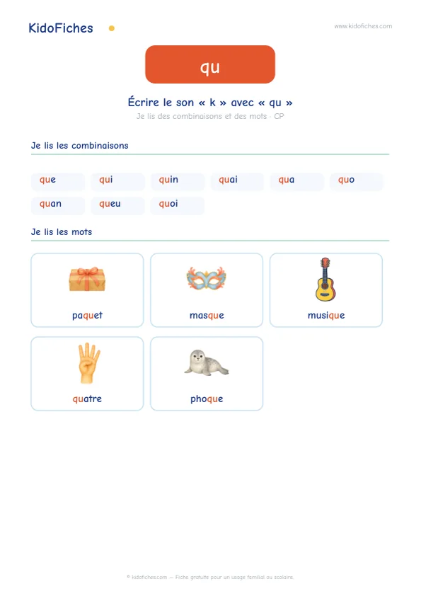 Aperçu de la fiche Écrire le son /k/ avec « qu »
