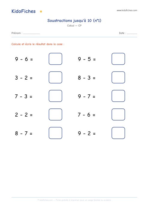 Aperçu de la fiche Soustractions jusqu'à 10 (n°1)