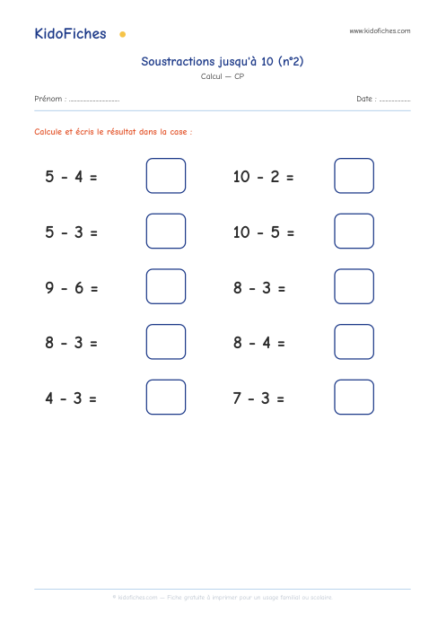 Aperçu de la fiche Soustractions jusqu'à 10 (n°2)